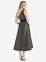 Rear View Thumbnail - Caviar Gray & Black Draped One-Shoulder Satin Midi Dress with Pockets