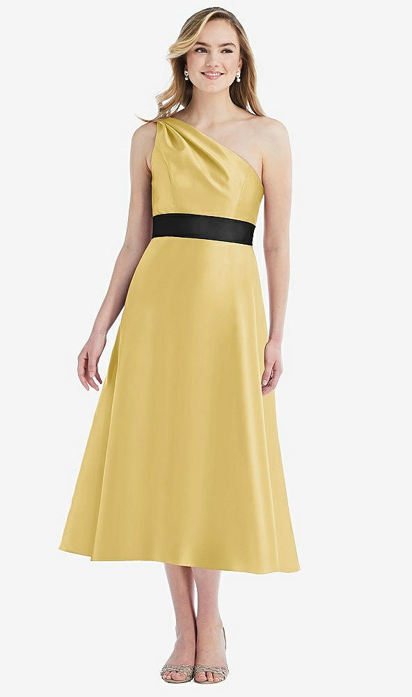 Front View - Maize & Black Draped One-Shoulder Satin Midi Dress with Pockets