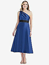 Front View Thumbnail - Classic Blue & Black Draped One-Shoulder Satin Midi Dress with Pockets