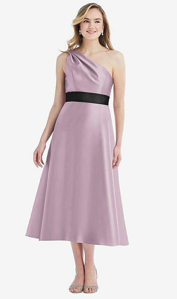 Front View - Suede Rose & Black Draped One-Shoulder Satin Midi Dress with Pockets
