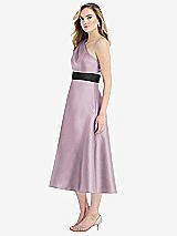 Side View Thumbnail - Suede Rose & Black Draped One-Shoulder Satin Midi Dress with Pockets