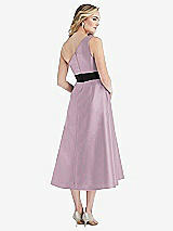 Rear View Thumbnail - Suede Rose & Black Draped One-Shoulder Satin Midi Dress with Pockets
