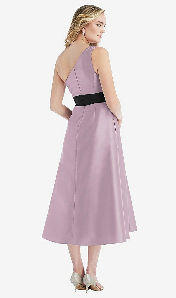 Back View - Suede Rose & Black Draped One-Shoulder Satin Midi Dress with Pockets