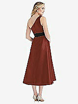 Rear View Thumbnail - Auburn Moon & Black Draped One-Shoulder Satin Midi Dress with Pockets