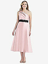Front View Thumbnail - Ballet Pink & Black Draped One-Shoulder Satin Midi Dress with Pockets