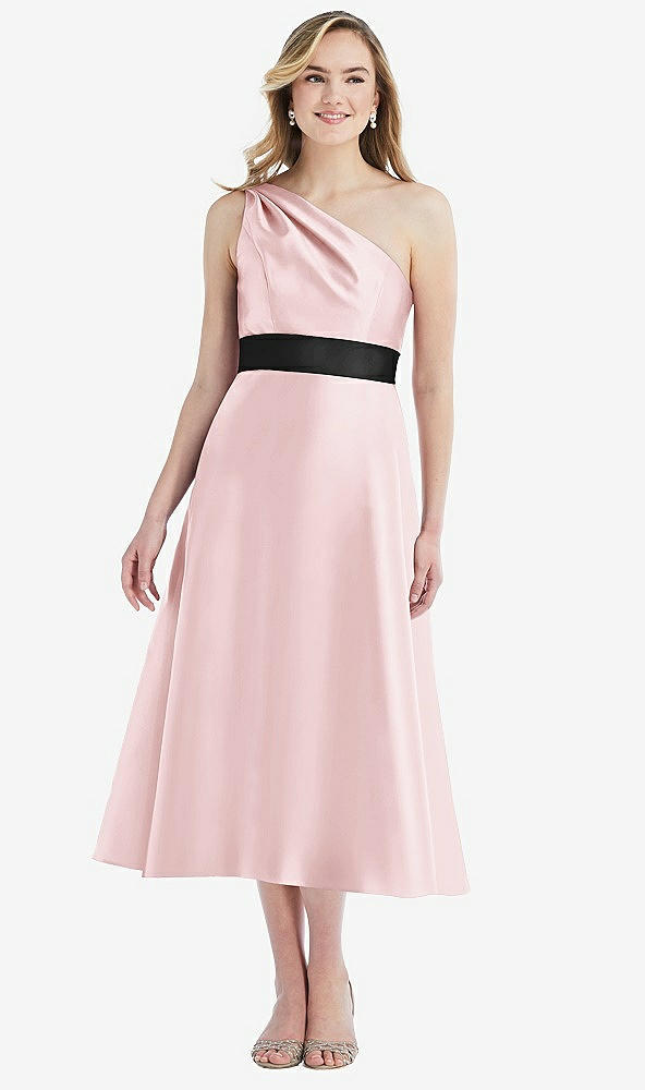 Front View - Ballet Pink & Black Draped One-Shoulder Satin Midi Dress with Pockets