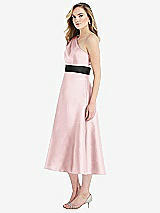 Side View Thumbnail - Ballet Pink & Black Draped One-Shoulder Satin Midi Dress with Pockets