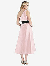 Rear View Thumbnail - Ballet Pink & Black Draped One-Shoulder Satin Midi Dress with Pockets