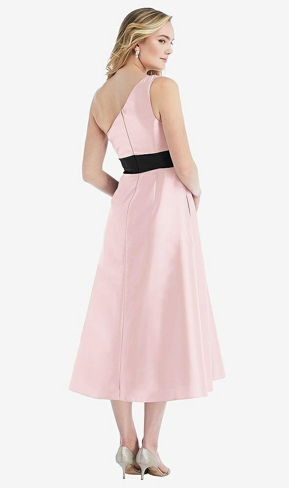 Back View - Ballet Pink & Black Draped One-Shoulder Satin Midi Dress with Pockets
