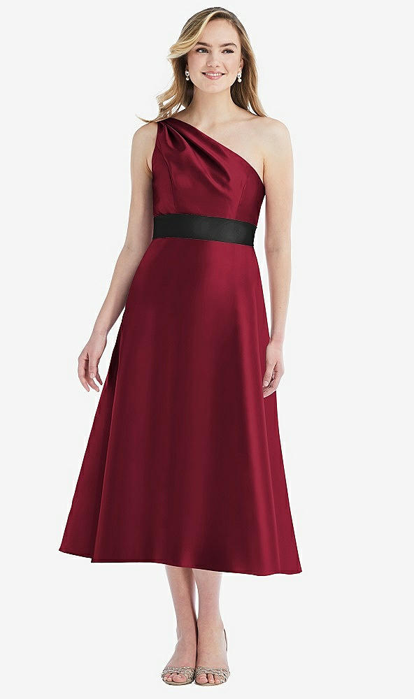 Front View - Burgundy & Black Draped One-Shoulder Satin Midi Dress with Pockets