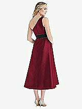 Rear View Thumbnail - Burgundy & Black Draped One-Shoulder Satin Midi Dress with Pockets