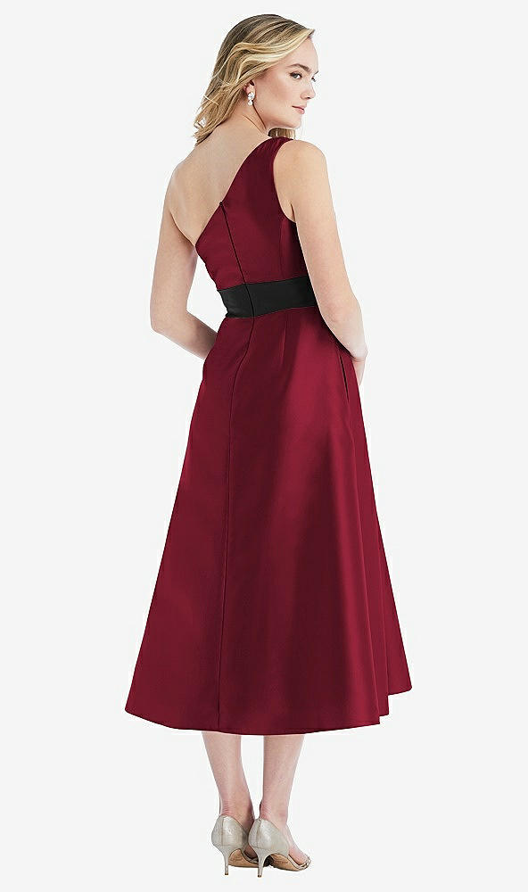 Back View - Burgundy & Black Draped One-Shoulder Satin Midi Dress with Pockets