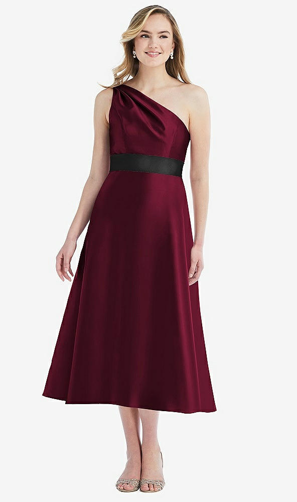 Front View - Cabernet & Black Draped One-Shoulder Satin Midi Dress with Pockets