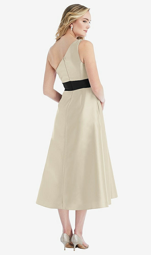 Back View - Champagne & Black Draped One-Shoulder Satin Midi Dress with Pockets