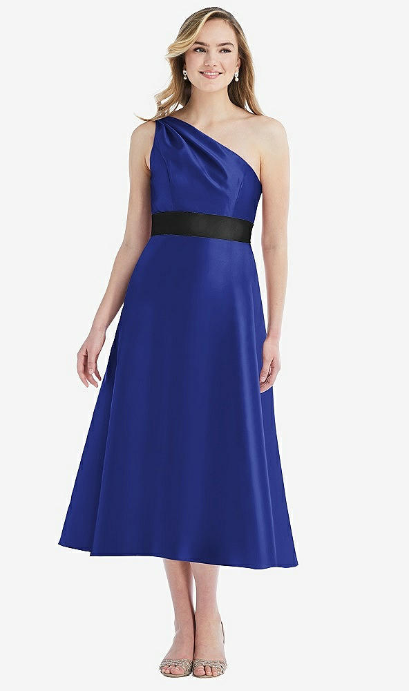 Front View - Cobalt Blue & Black Draped One-Shoulder Satin Midi Dress with Pockets