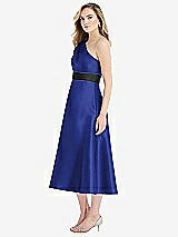 Side View Thumbnail - Cobalt Blue & Black Draped One-Shoulder Satin Midi Dress with Pockets