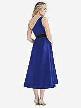 Rear View Thumbnail - Cobalt Blue & Black Draped One-Shoulder Satin Midi Dress with Pockets