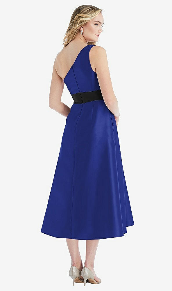 Back View - Cobalt Blue & Black Draped One-Shoulder Satin Midi Dress with Pockets