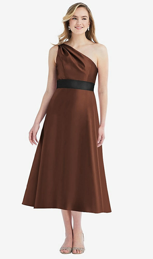 Front View - Cognac & Black Draped One-Shoulder Satin Midi Dress with Pockets