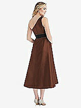 Rear View Thumbnail - Cognac & Black Draped One-Shoulder Satin Midi Dress with Pockets