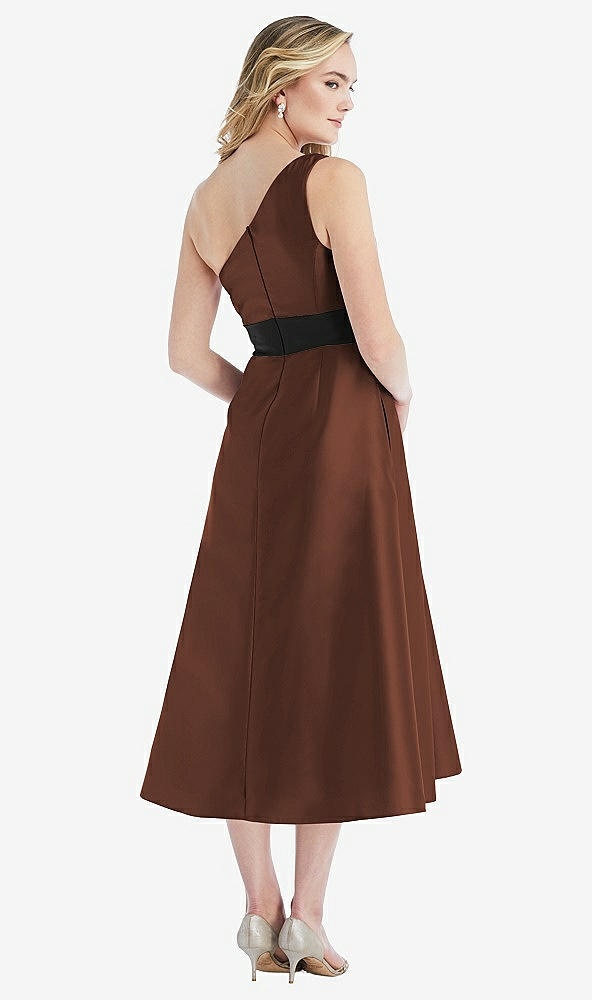 Back View - Cognac & Black Draped One-Shoulder Satin Midi Dress with Pockets