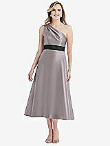 Front View Thumbnail - Cashmere Gray & Black Draped One-Shoulder Satin Midi Dress with Pockets
