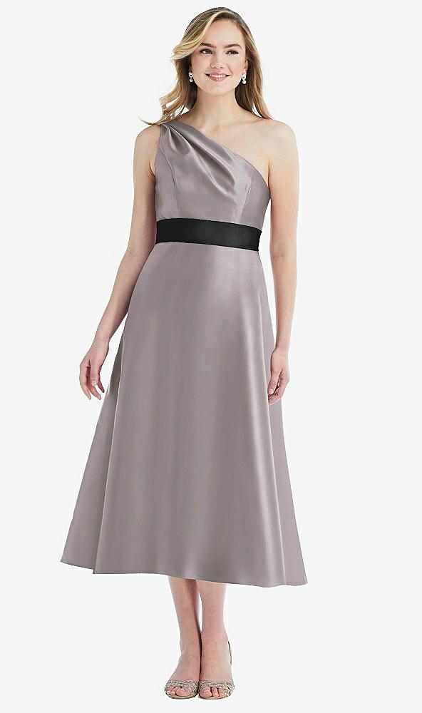 Front View - Cashmere Gray & Black Draped One-Shoulder Satin Midi Dress with Pockets
