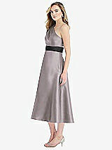 Side View Thumbnail - Cashmere Gray & Black Draped One-Shoulder Satin Midi Dress with Pockets