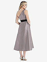 Rear View Thumbnail - Cashmere Gray & Black Draped One-Shoulder Satin Midi Dress with Pockets