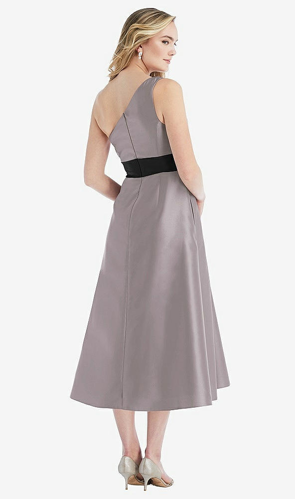Back View - Cashmere Gray & Black Draped One-Shoulder Satin Midi Dress with Pockets