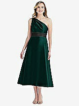 Front View Thumbnail - Evergreen & Black Draped One-Shoulder Satin Midi Dress with Pockets