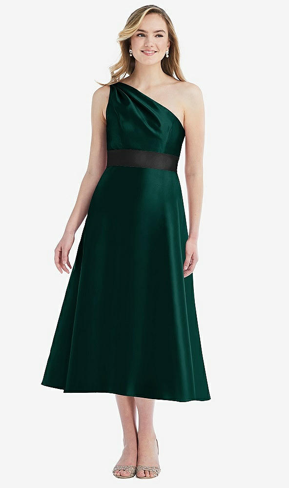 Front View - Evergreen & Black Draped One-Shoulder Satin Midi Dress with Pockets