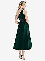 Rear View Thumbnail - Evergreen & Black Draped One-Shoulder Satin Midi Dress with Pockets