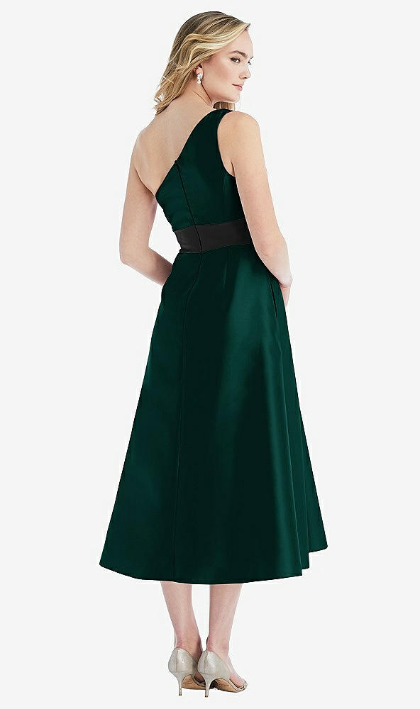Back View - Evergreen & Black Draped One-Shoulder Satin Midi Dress with Pockets