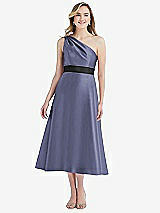 Front View Thumbnail - French Blue & Black Draped One-Shoulder Satin Midi Dress with Pockets