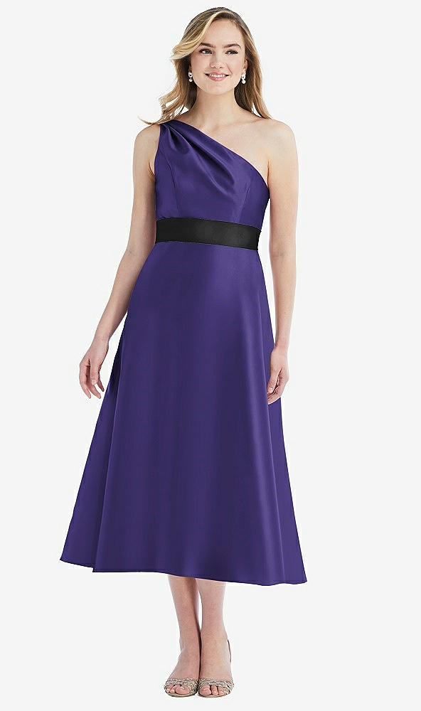 Front View - Grape & Black Draped One-Shoulder Satin Midi Dress with Pockets