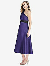 Side View Thumbnail - Grape & Black Draped One-Shoulder Satin Midi Dress with Pockets
