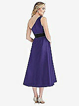 Rear View Thumbnail - Grape & Black Draped One-Shoulder Satin Midi Dress with Pockets