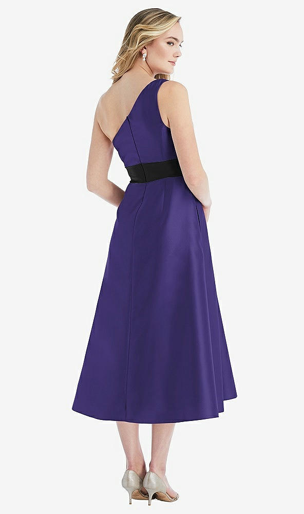 Back View - Grape & Black Draped One-Shoulder Satin Midi Dress with Pockets