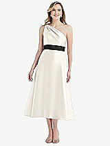 Front View Thumbnail - Ivory & Black Draped One-Shoulder Satin Midi Dress with Pockets