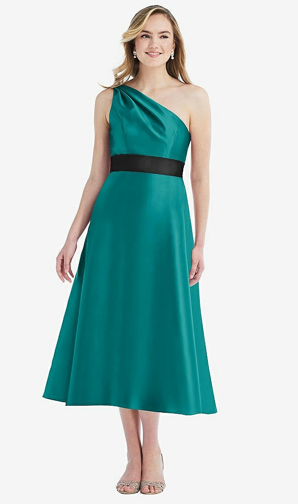Front View - Jade & Black Draped One-Shoulder Satin Midi Dress with Pockets