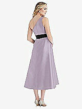 Rear View Thumbnail - Lilac Haze & Black Draped One-Shoulder Satin Midi Dress with Pockets