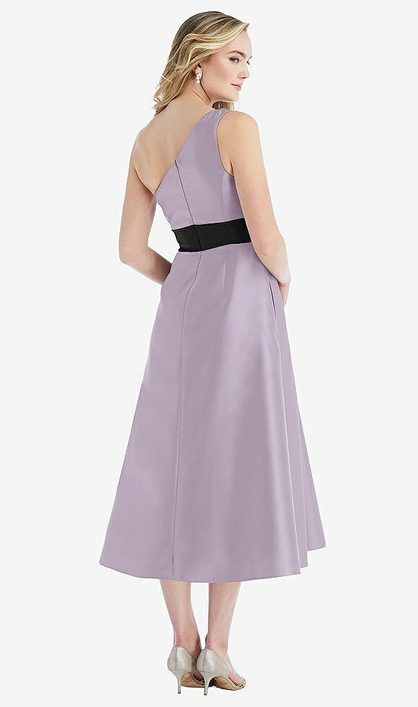 Back View - Lilac Haze & Black Draped One-Shoulder Satin Midi Dress with Pockets