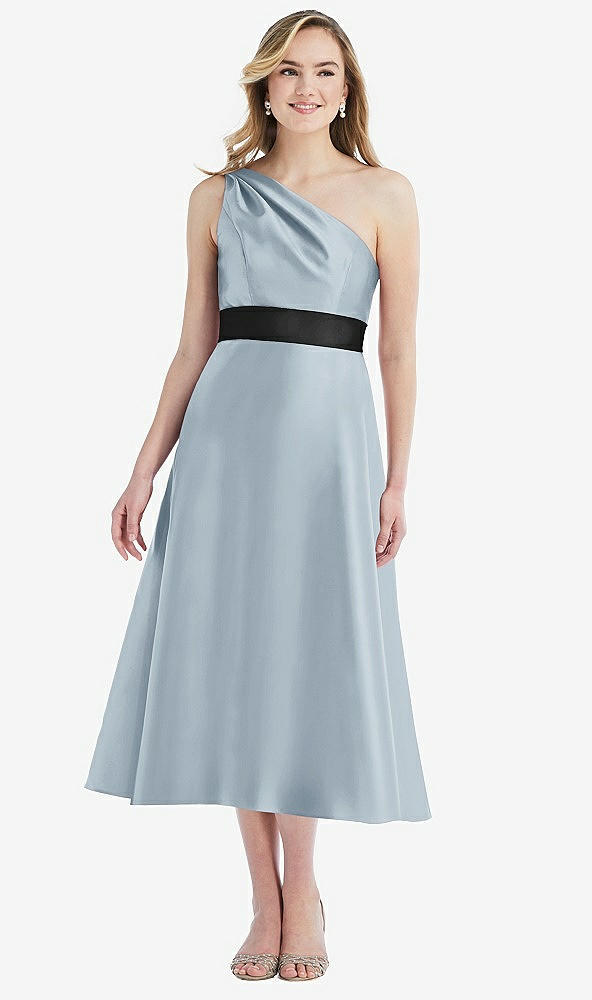 Front View - Mist & Black Draped One-Shoulder Satin Midi Dress with Pockets