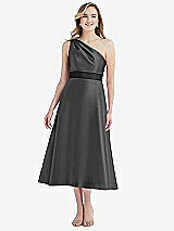 Front View Thumbnail - Pewter & Black Draped One-Shoulder Satin Midi Dress with Pockets