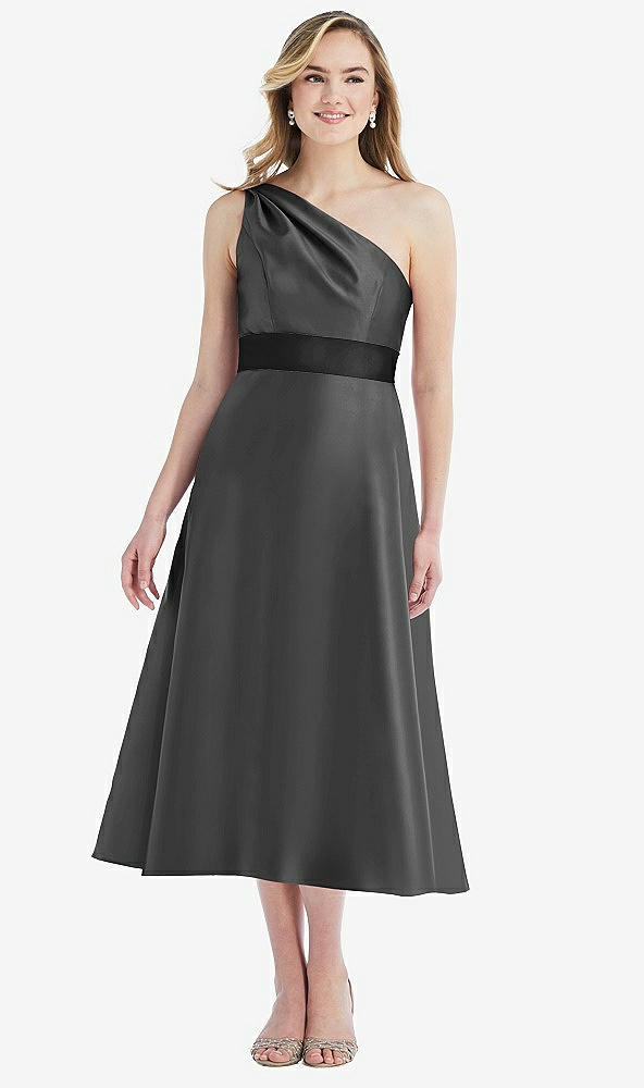 Front View - Pewter & Black Draped One-Shoulder Satin Midi Dress with Pockets
