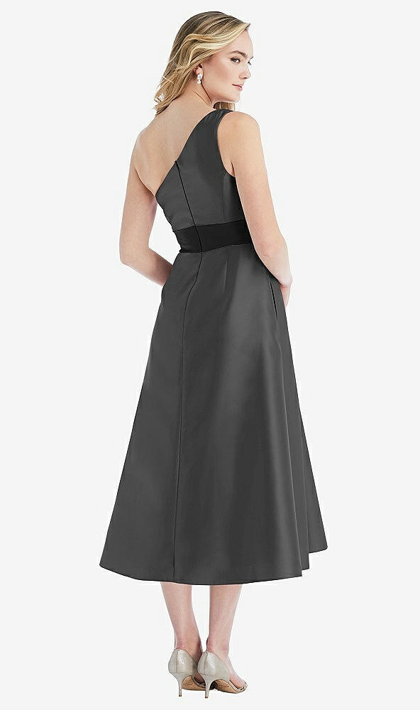 Back View - Pewter & Black Draped One-Shoulder Satin Midi Dress with Pockets