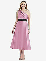 Front View Thumbnail - Powder Pink & Black Draped One-Shoulder Satin Midi Dress with Pockets