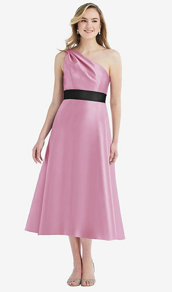 Front View - Powder Pink & Black Draped One-Shoulder Satin Midi Dress with Pockets