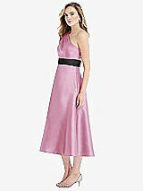 Side View Thumbnail - Powder Pink & Black Draped One-Shoulder Satin Midi Dress with Pockets